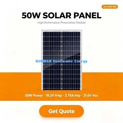 แผงโซลาร์เซลล์ชนิดโมโนคริสตัลไลน์ 50W เครื่องชาร์จแบตเตอรี่ 12V โมดูล PV ประสิทธิภาพสูง 182 มม.