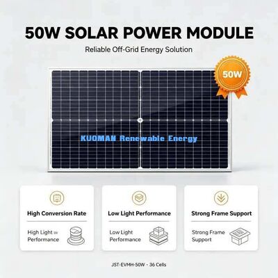 แผงโซลาร์เซลล์โมโนคริสตัลไลน์ 50W ทนทาน ทนทานต่อลมและหิมะ โครงอะลูมิเนียมอัลลอยด์