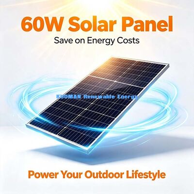 แผงโซลาร์เซลล์ชนิดโมโนคริสตัลไลน์กันน้ำ 60W, อุณหภูมิทำงาน -40°C~85°C สำหรับระบบสำรองไฟฉุกเฉินภายในบ้าน