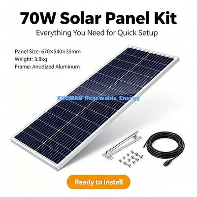 แผงโซลาร์เซลล์โมโนคริสตัลไลน์กันน้ำ IP67 กำลังไฟ 70W, โมดูลเซลล์แสงอาทิตย์สำหรับภายนอกอาคารพร้อมสายเคเบิลเอาต์พุตความยาวที่กำหนดเอง