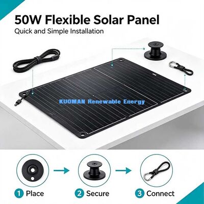 แพเนลแสงอาทิตย์ยืดหยุ่น 50W Off-Grid ชาร์จแสงอาทิตย์แบบโมโนคริสตัลลินแบบพับได้ สําหรับนักแคมป์ เจ้าของเรือเรือและเจ้าของบ้าน