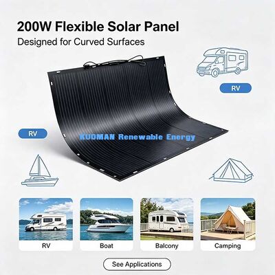 แผงโซลาร์เซลล์แบบยืดหยุ่นสีดำ 200W, ชุดโซลาร์เซลล์แบบโค้งงอคาร์บอนไฟเบอร์ทนทานสำหรับรถบ้าน เรือ ระเบียง