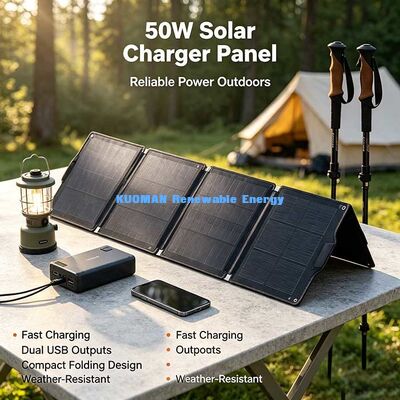 แพเนลชาร์จแสงอาทิตย์แบบพับพก 50W พลังงานออกหลายตัวสําหรับโรงไฟฟ้าและโทรศัพท์