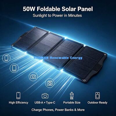 แผงโซลาร์เซลล์พับได้น้ำหนักเบา 50W, เครื่องชาร์จพลังงานแสงอาทิตย์แบบ Off-Grid สำหรับตั้งแคมป์กลางแจ้งและ RV