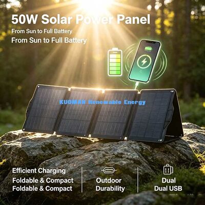 แผ่นแสงอาทิตย์แบบพับออก 50 W Off-Road, เครื่องชาร์จแสงอาทิตย์หลายประตูสําหรับนักสํารวจกลางแจ้ง