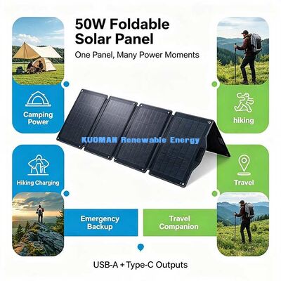 ที่ชาร์จพลังงานแสงอาทิตย์แบบพับได้ 50W, แผงโซลาร์เซลล์ DC 5521 USB-C สำหรับ RV และ Van-life