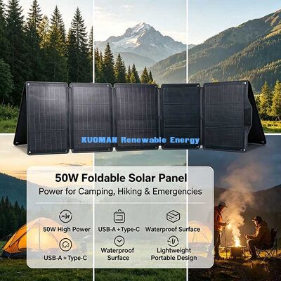 แผงโซลาร์ชาร์จ 50W แบบพับได้ น้ำหนักเบา พลังงานแสงอาทิตย์แบบพกพาสำหรับการเดินป่า