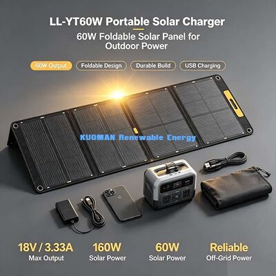 แผงโซลาร์เซลล์พับได้กันน้ำ 60W, เครื่องชาร์จพลังงานแสงอาทิตย์แบบ Off-Grid สำหรับสถานีพลังงานและโดรน