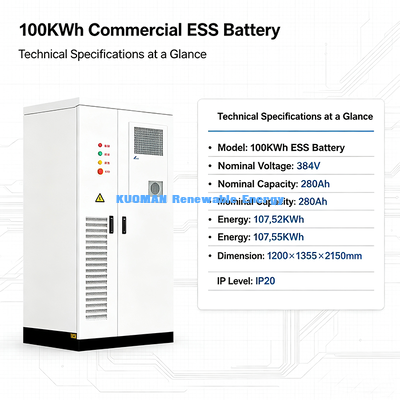 100KWh 384V LiFePO4 ESS Energy Storage Cabinet 280Ah Battery For Solar Farm And Commercial Microgrid