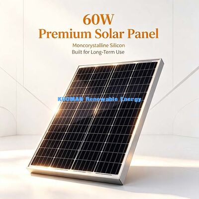โมดูล PV โมโนคริสตัลไลน์ 60W พร้อมความยาวสายเคเบิลที่ปรับแต่งได้ เครื่องชาร์จพลังงานแสงอาทิตย์กันน้ำสำหรับ RV, คาราวาน, เรือ
