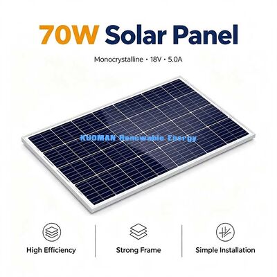 แผงโซลาร์เซลล์โมโนคริสตัลไลน์ 70W 182มม. 30 เซลล์ กล่องรวมสาย IP67 ขั้วต่อ MC4 ที่ชาร์จโซลาร์เซลล์สำหรับ RV เรือ