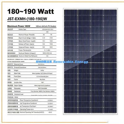 อายุการใช้งานยาว ภายนอก 180-190 วัตต์ โมโนโซลาร์แพนเนล แผ่นชาร์จไฟฟ้าไฟฟ้ากันน้ํา
