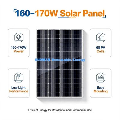 แพเนลพลังแสงอาทิตย์โมโนคริสตัลลิน 170W 66-เซลล์ 182mm กรอบการติดตั้งง่ายสําหรับการติดตั้งหอพักบนหลังคา