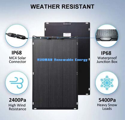 แผงโซลาร์เซลล์แบบยืดหยุ่นสีดำ 200W, ชุดโซลาร์เซลล์แบบโค้งงอคาร์บอนไฟเบอร์ทนทานสำหรับรถบ้าน เรือ ระเบียง