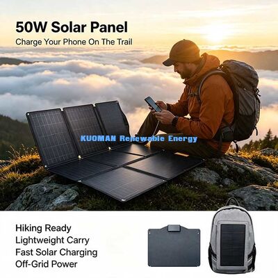 แพเนลชาร์จพลังแสงอาทิตย์แบบพับ 50W ที่คอมแพคต์ มีไฟเบอร์คาร์บอนเป็นตัวเลือกสําหรับการผจญภัยกลางแจ้ง