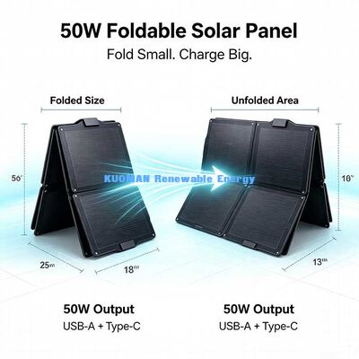 แผงโซลาร์เซลล์พับได้ ETFE 50W, เครื่องชาร์จพลังงานแสงอาทิตย์แบบพกพา กันน้ำ สำหรับแคมป์ปิ้งชายหาด
