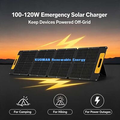แผงโซลาร์เซลล์พับได้ประสิทธิภาพสูง 100-120W, เครื่องชาร์จพลังงานแสงอาทิตย์แบบพกพาป้องกันน้ำกระเซ็นสำหรับการผจญภัยนอกกริด