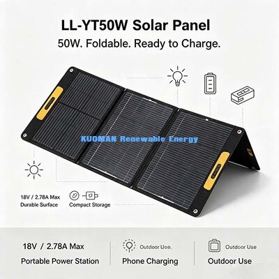 ที่ชาร์จโซลาร์เซลล์แบบพับได้ 50W, เซลล์แสงอาทิตย์ประสิทธิภาพสูง 22%+ สำหรับสถานีพลังงานกลางแจ้ง