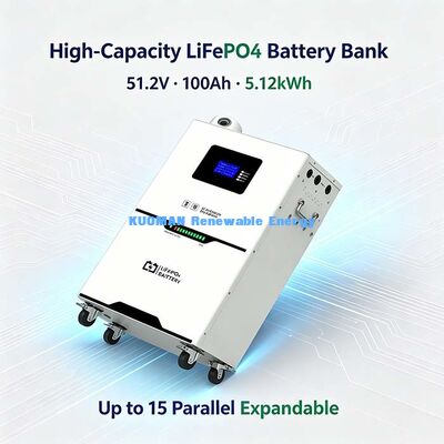 แบตเตอรี่ลิเธียมไอออนฟอสเฟต 51.2V 100Ah ระบบกักเก็บพลังงานแสงอาทิตย์สำหรับบ้าน 5.12kWh, 6000 รอบ